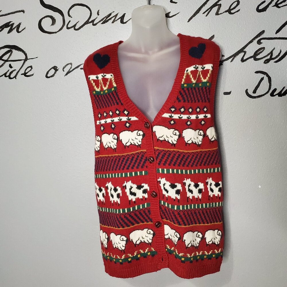 Y2K Vintage Sheep Cow Farm Country Red Knit Sweater Vest, Lg
